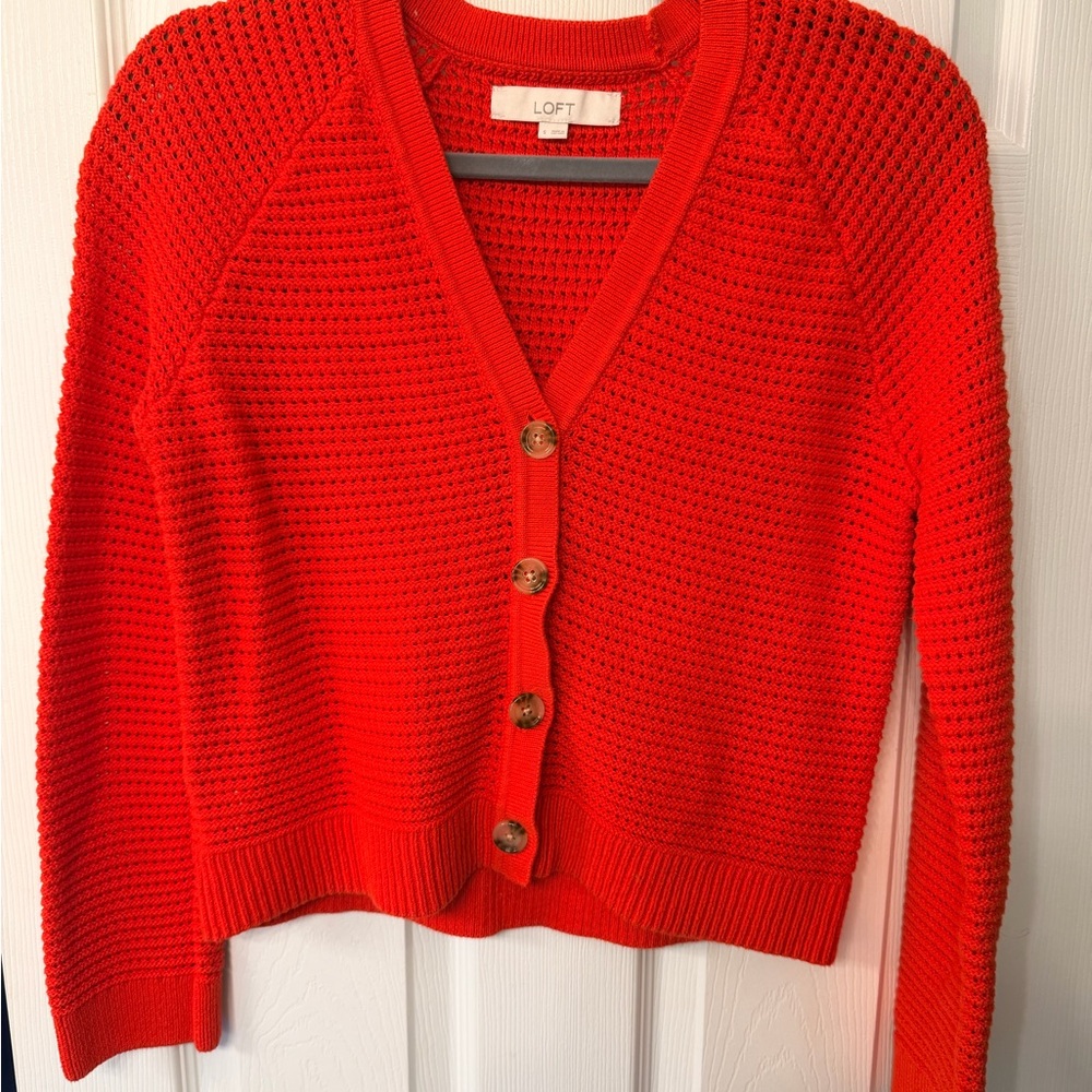 LOFT Vibrant Red Open Stitch Knit Cardigan S